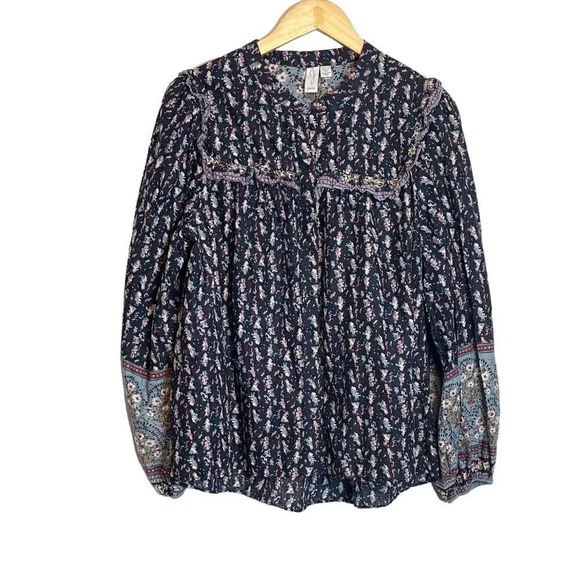 Joie | Floral Button Front Blouse Long Sleeve Peasant Boho Henley - Picture 2 of 8